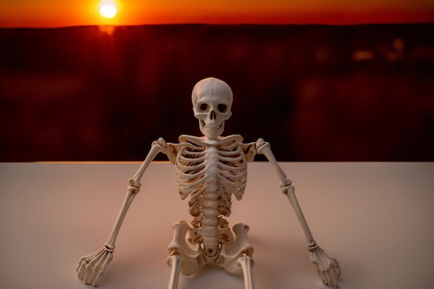 Um esqueleto sentado em uma mesa em frente ao sol