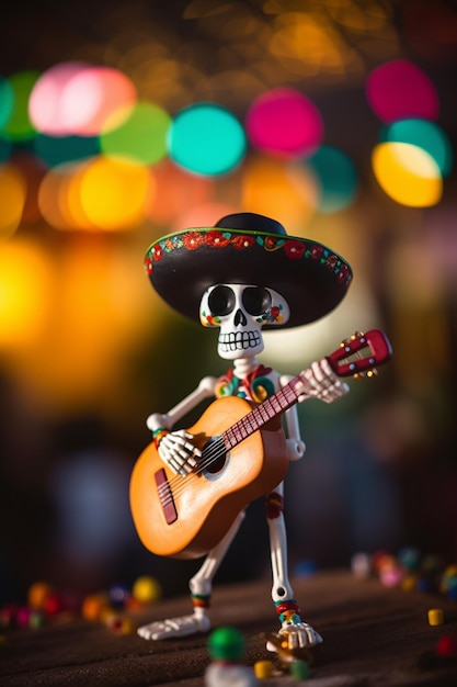 Um esqueleto tocando uma guitarra com um sombrero