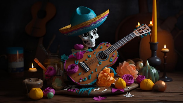 Um esqueleto tocando violão está sentado em frente a um bolo mexicano.