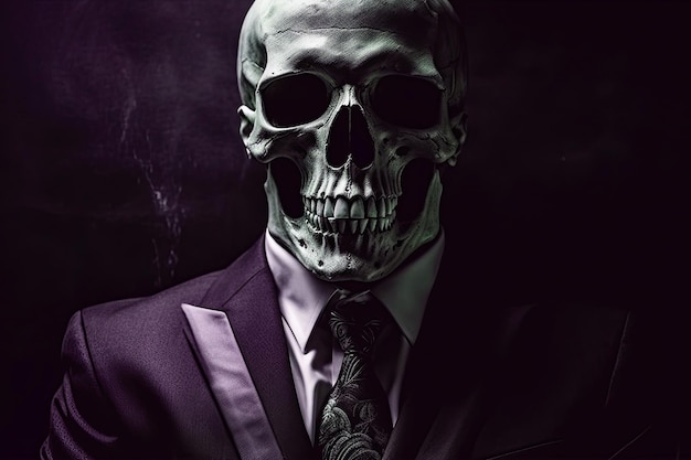 Um esqueleto vestido com um terno de negócios em uma ilustração vertical de IA generativa de fundo escuro