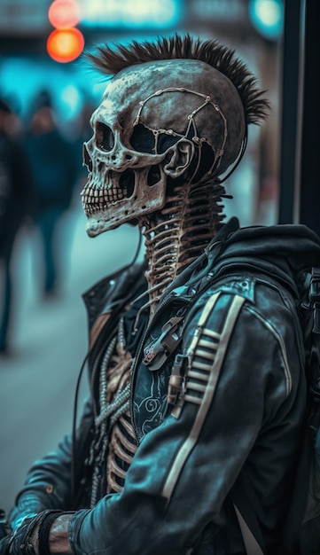 Um esqueleto vestindo uma jaqueta de couro preta com uma caveira.