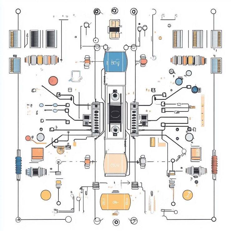 Foto um esquema de um circuito incorporando resistores, capacitores e indutores com rótulos mostrando o