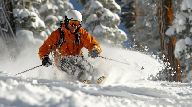 Um esquiador adepto em trajes brilhantes esculpe dinamicamente através de neve em pó profunda em meio a uma floresta de inverno serena