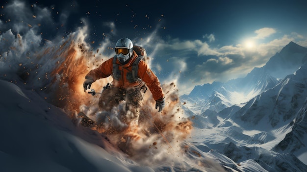 Um esquiador de jaqueta laranja está esquiando na neve
