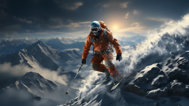 Um esquiador de jaqueta laranja está esquiando na neve