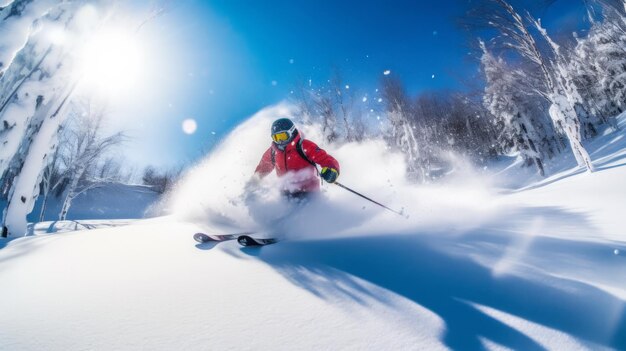 Um esquiador esquiando em uma encosta nevada com um belo pano de fundo montanhoso Generative ai