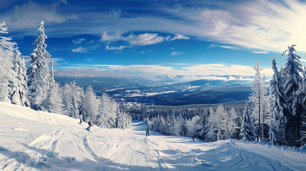 Foto um esquiador está esquiando em uma montanha coberta de neve com árvores no fundo