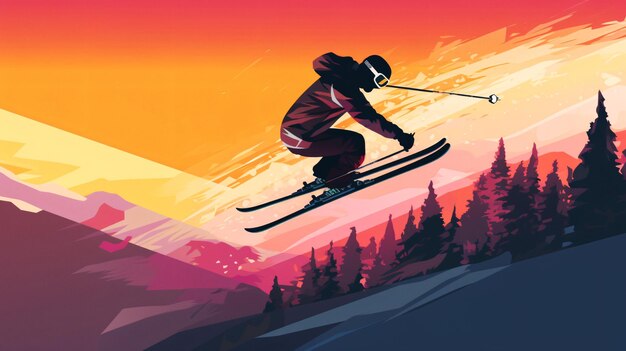 Um esquiador está pulando no ar com um fundo colorido.
