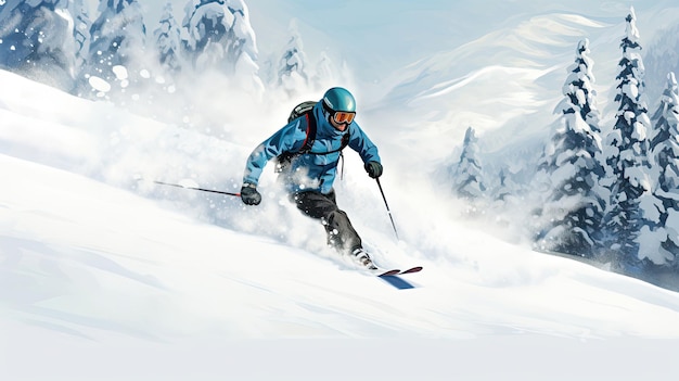 um esquiador navegando por uma encosta complicada coberta de neve no fundo