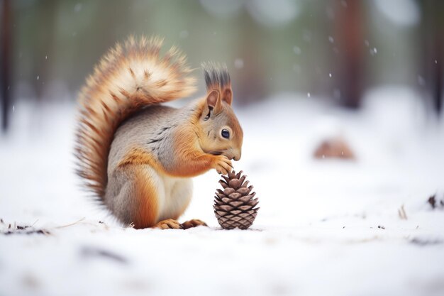 Foto um esquilo a roer uma cone de pinheiro na neve.