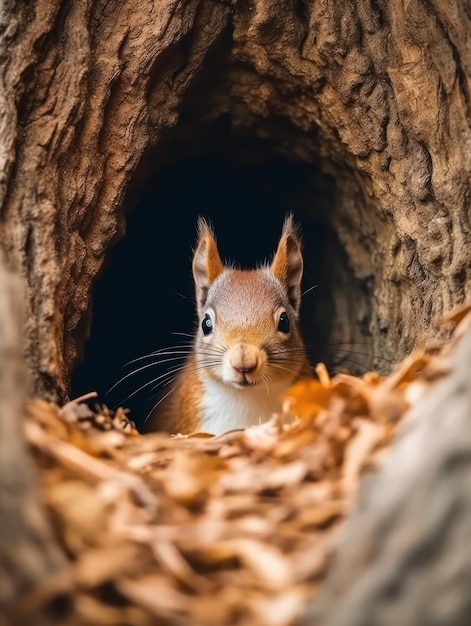 Um esquilo ágil subindo em uma árvore em busca de bolotas