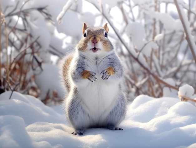 Um esquilo ártico feliz e engraçado no inverno.