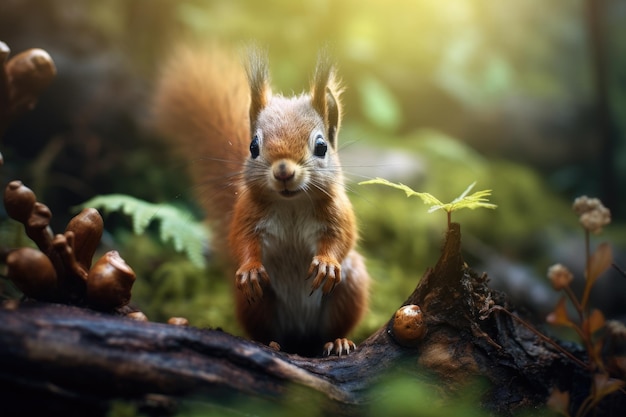 Um esquilo bonito à procura de comida na floresta.