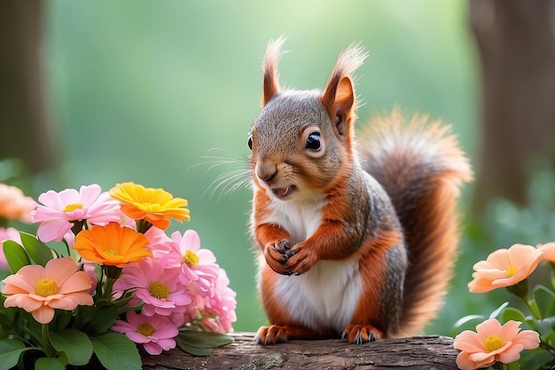 Um esquilo bonito com flores Um animalzinho bonito