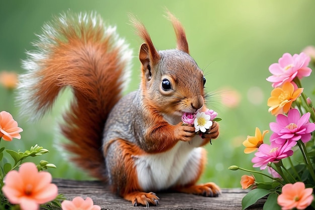 Um esquilo bonito com flores Um animalzinho bonito