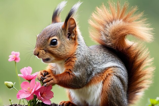 Um esquilo bonito com flores Um animalzinho bonito