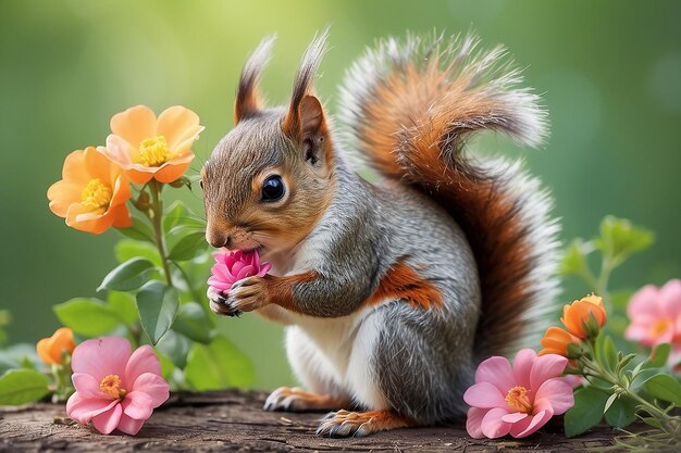 Foto um esquilo bonito com flores um animalzinho bonito