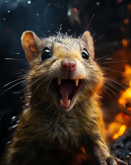 Um esquilo bonito Um close de um pequeno animal com a boca aberta