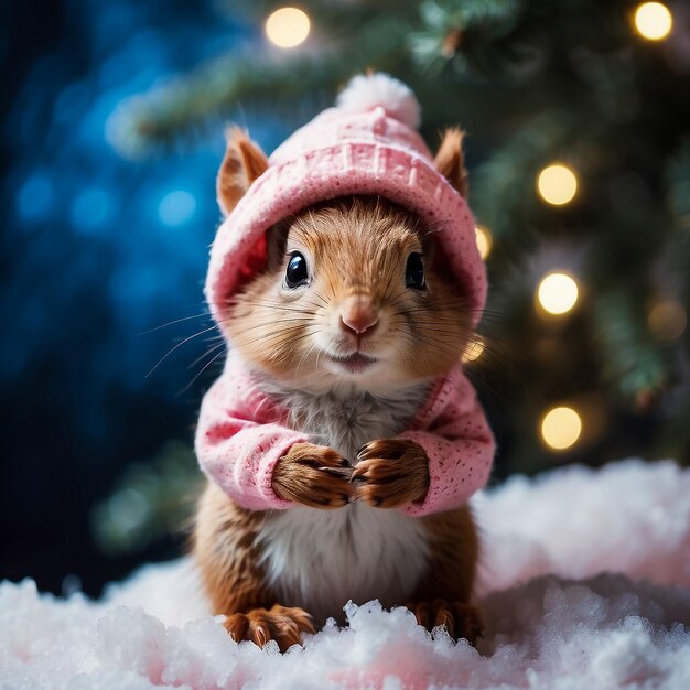 Foto um esquilo bonito vestindo um boné rosa e um lenço no inverno