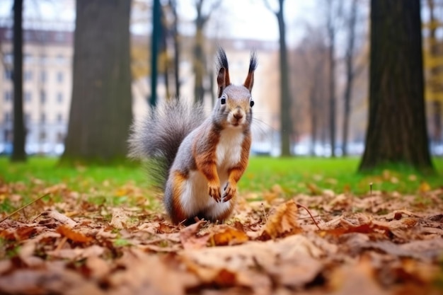 Um esquilo coletando nozes em um parque da cidade