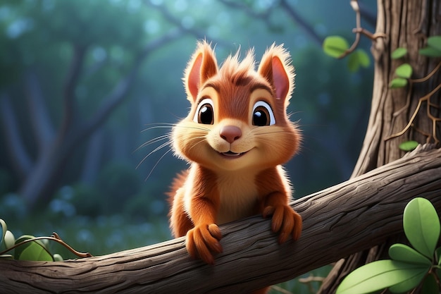 Um esquilo com um grande sorriso no rosto está em um tronco