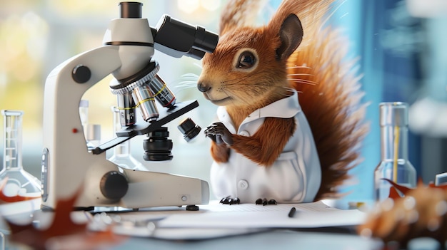 Foto um esquilo curioso vestindo uma bata de laboratório olha para um microscópio em um laboratório