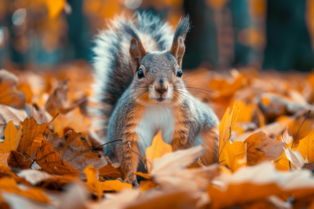 Um esquilo de outono cercado de folhas douradas em uma floresta