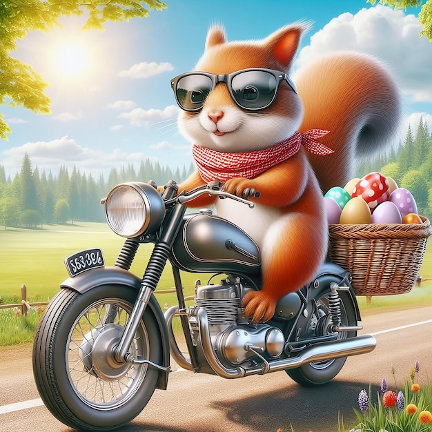Um esquilo em uma motocicleta com óculos de sol uma cesta na parte de trás cheia de ovos coloridos carregando