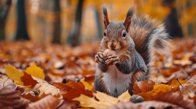 Um esquilo entre as folhas caídas vibrantes agarrando uma noz em suas mãos Generative Ai