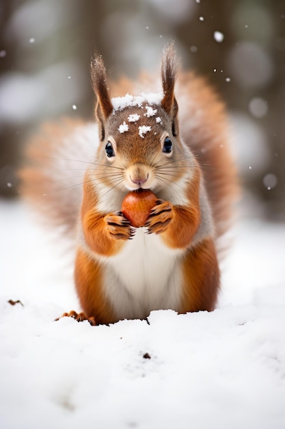 um esquilo está comendo uma noz na neve