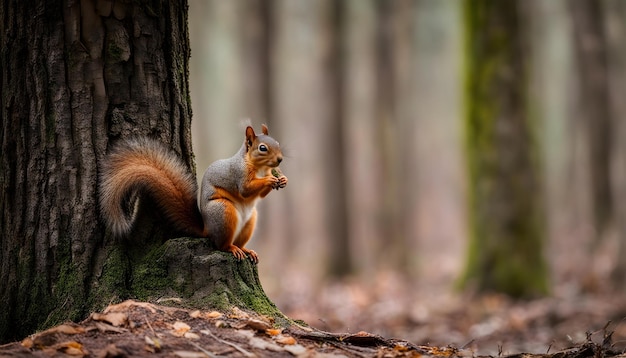 um esquilo está sentado em um tronco de árvore e comendo uma noz