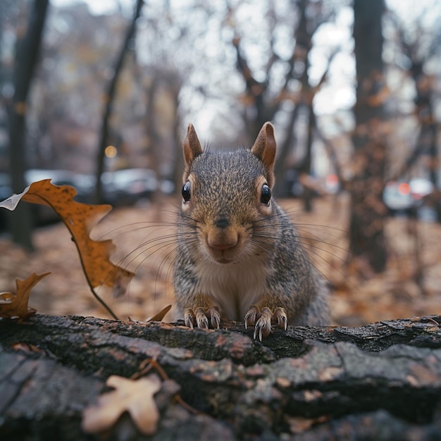um esquilo está sentado em um tronco na floresta
