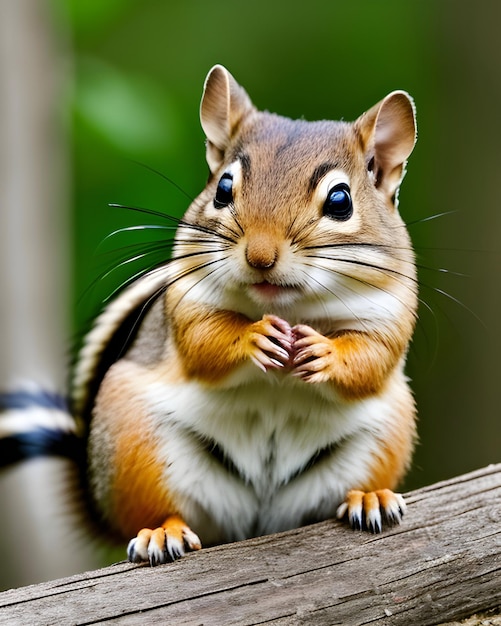 um esquilo está sentado em uma superfície de madeira e comendo um pedaço de comida