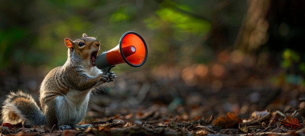 Foto um esquilo fazendo um anúncio público com um megafone em uma cena única e adorável