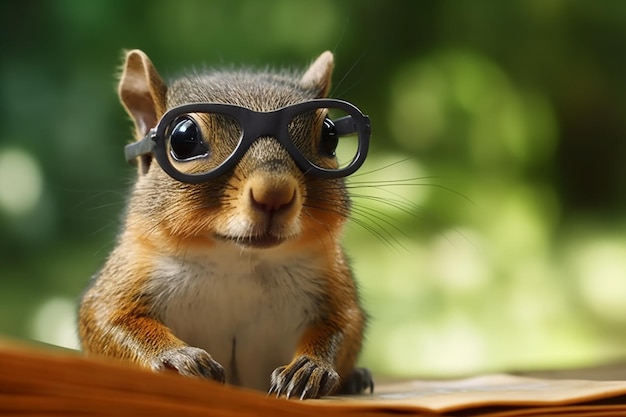 Um esquilo felpudo com óculos grandes olhando curiosamente para uma bolota