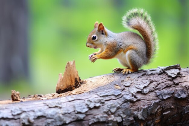 Um esquilo mordiscando uma noz no toco de uma árvore