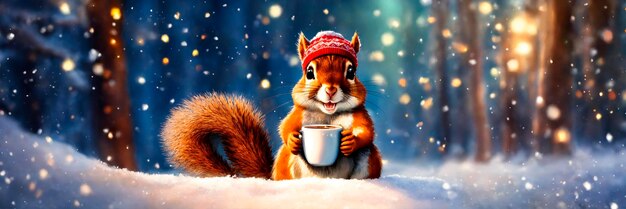 Foto um esquilo na floresta bebe uma bebida quente foco seletivo
