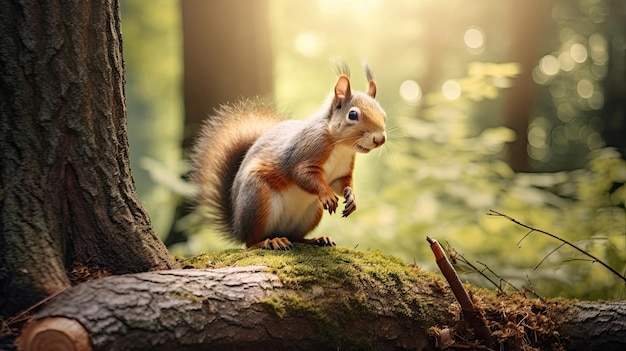 um esquilo numa árvore na floresta