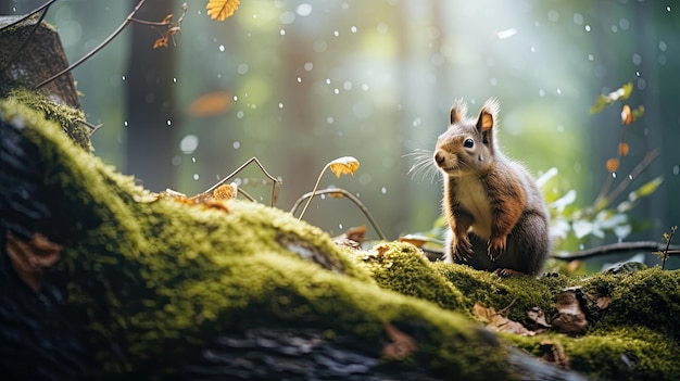 Foto um esquilo numa floresta a olhar para a câmara.