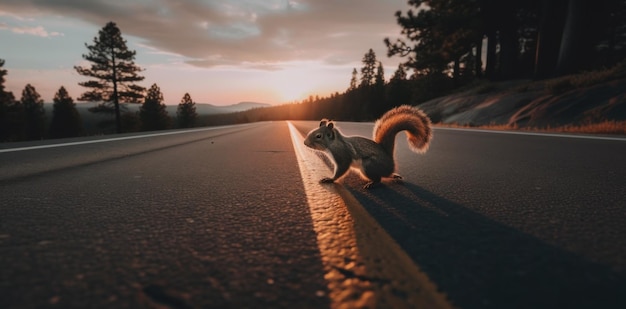 Um esquilo parado ao lado de uma imagem ai generativa de estrada