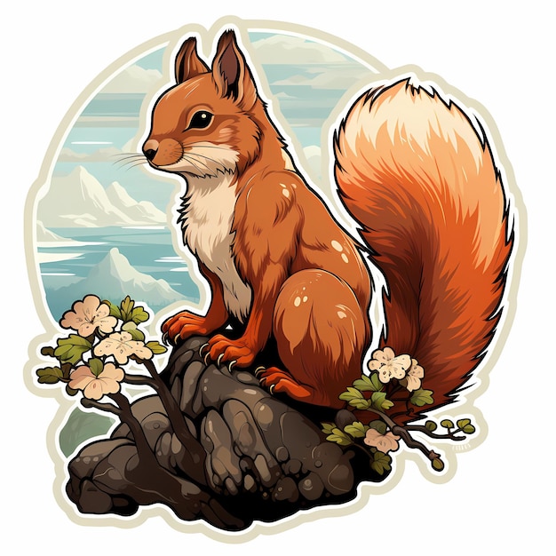 um esquilo senta-se em um galho de árvore com flores ao fundo.