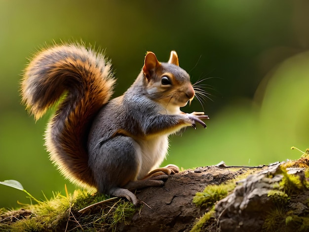 Um esquilo senta-se em um toco de árvore na floresta.