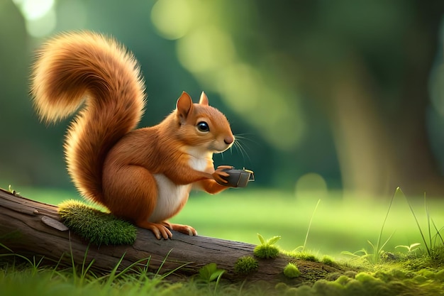 Um esquilo senta-se em um tronco em uma floresta.