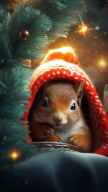 Foto um esquilo super bonito usando um chapéu de papai noel de tricô. cartão de saudação de natal gerado por ia.