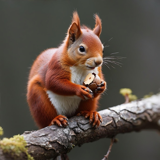 Um esquilo vermelho senta-se em um galho comendo uma noz gerada por IA