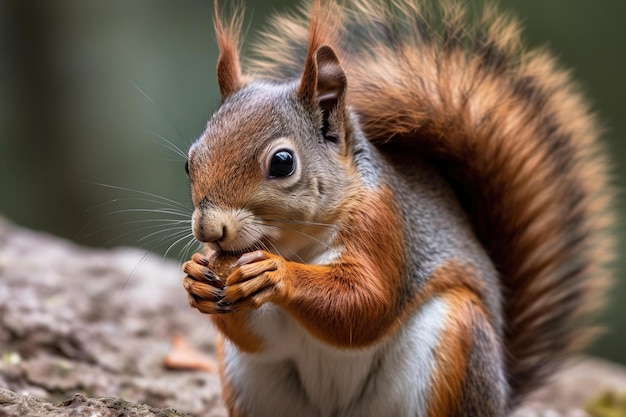 Um esquilo vermelho senta-se em um toco de árvore comendo uma noz.