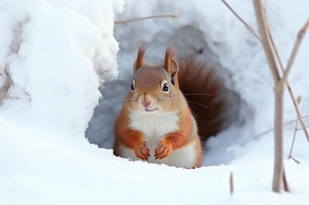 Um esquilo vermelho senta-se na neve no inverno.