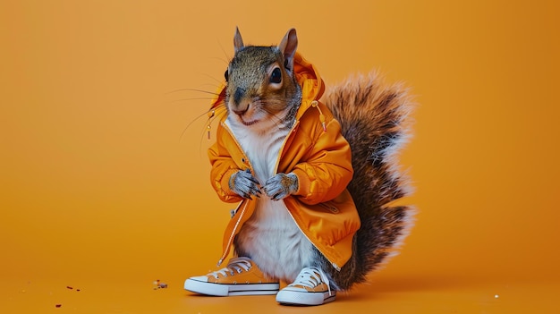 Foto um esquilo vestindo um casaco laranja e tênis está de pé em suas patas traseiras olhando para a câmera com uma expressão curiosa