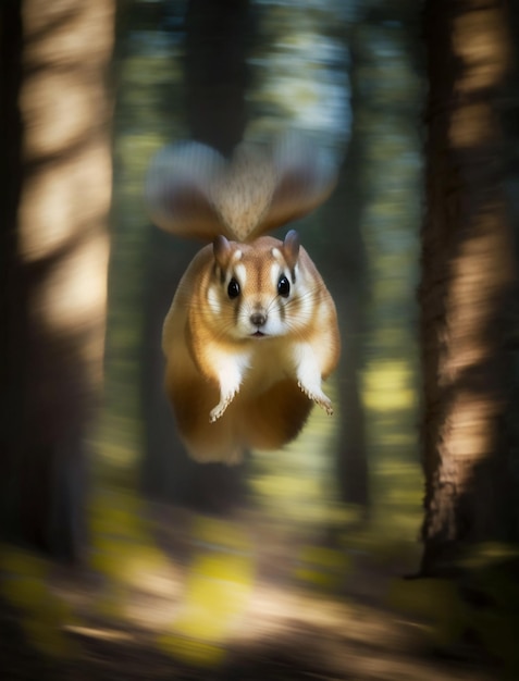 Um esquilo voando pela floresta com o sol brilhando em seu rosto.