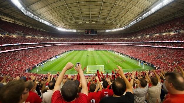 Um estádio cheio de torcedores com camisas vermelhas e brancas